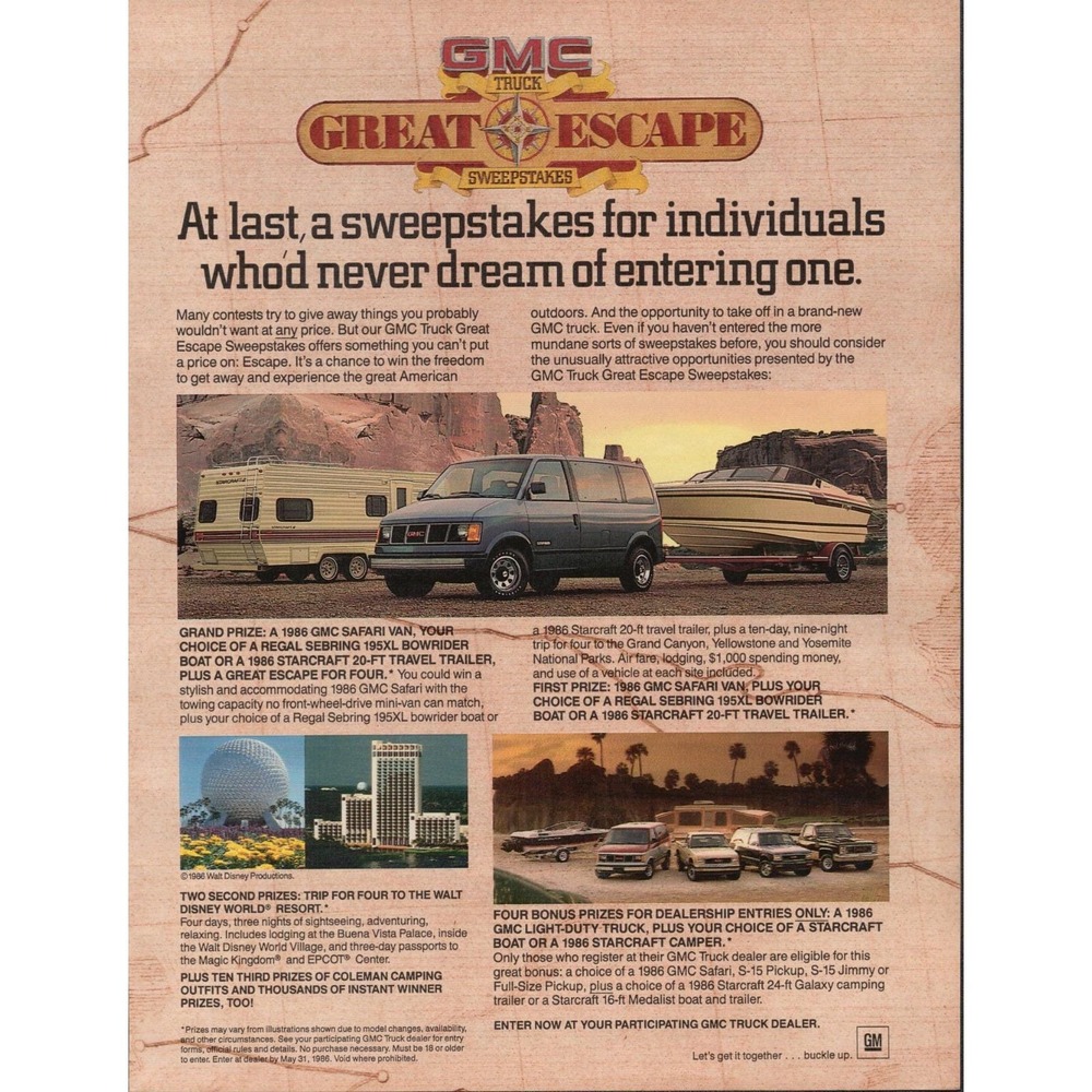 GMC Truck Great Escape Sweepstakes Safari Van Boat Adventure Print Ad 1986